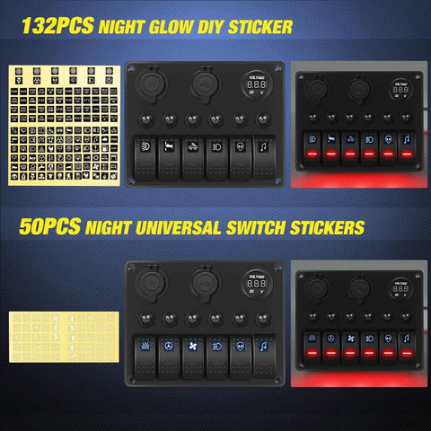 Six Gang Rocker Switch Panel With Red Backlit 12V 24V LED Voltmeter and universal switch stickers displayed and labeled