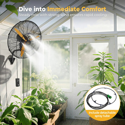 24 Inch Oscillating Misting Wall Mount Fan With Extended Wired Remote And Nine Point Eight Foot Power Cord For Greenhouse Garage Workshop And Covered Patio Cooling Solution