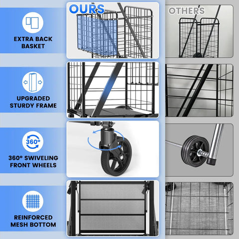 450 Lbs Capacity Folding Shopping Cart Behemoth On Wheels With Dual Basket And 360 Degree Swivel Wheels comparison