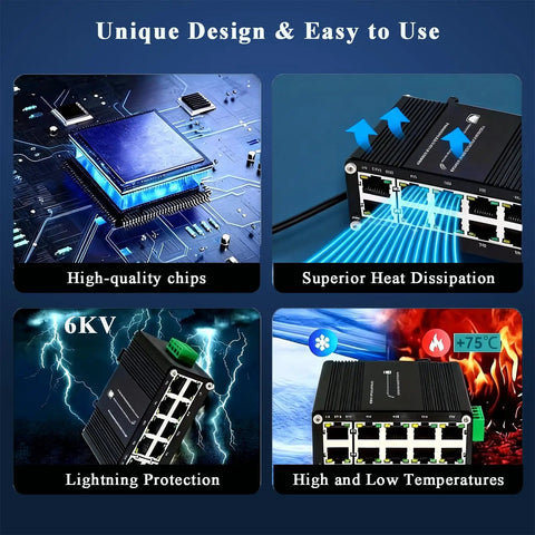 Rugged 10 Port PoE Plus Gigabit Switch with heat dissipation, lightning protection, high-quality chips, for harsh environments