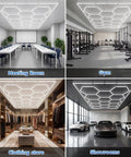 Hexagon LED Garage Lights With Honeycomb Design, 14 Grid Hex Light Set In Rectangle Frame installed in various spaces