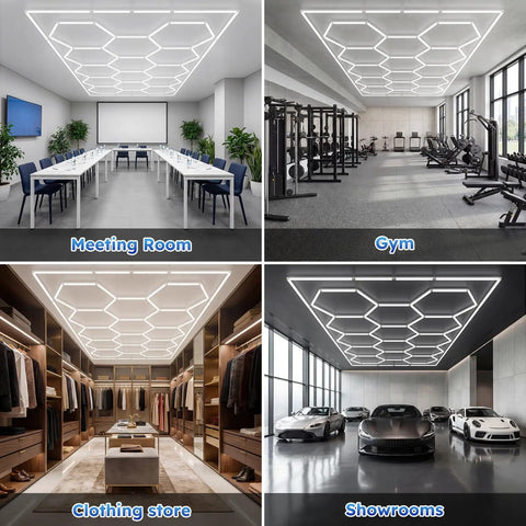 Hexagon LED Garage Lights With Honeycomb Design, 14 Grid Hex Light Set In Rectangle Frame installed in various spaces