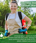 Person holding a Two Pack Universal Sprayer Wands With Hoses For Ryobi, 24 Inch Length, adjustable nozzle, in a garden