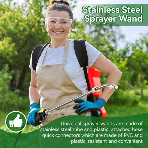 Person holding a Two Pack Universal Sprayer Wands With Hoses For Ryobi, 24 Inch Length, adjustable nozzle, in a garden