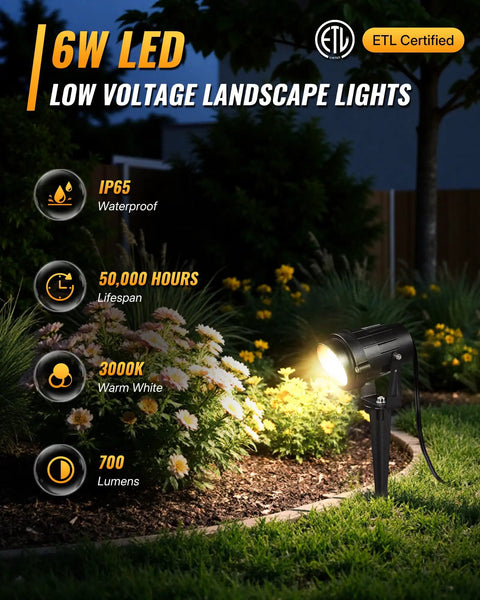 6W LED spotlight on lawn highlighting features; part of 12 Pack Landscape Lights Kit With 300W Dual Zone Low Voltage Transformer 12V LED Landscape Lighting 3000K Warm White Waterproof Aluminum Spotlights With Connectors For Yard Tree Garden W01LK06 Easy DIY Install