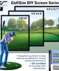 Golfer using Massive Nine Point Eight By Thirteen Point One Foot Golf And Multi Sport Simulator Impact Screen with various sizes shown