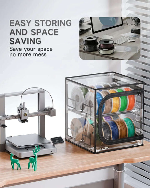 Maker Friendly Two Tier 3D Printer Filament Storage Rack With Transparent Cover holding spools on desk near 3D printer