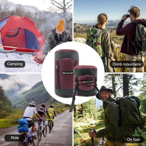 Waterproof Stuff Sacks For Camping Gear Organizer Red XXL Durable Ripstop Compression Sacks For Tents Clothes And Outdoor Gear Ideal Travel Storage And Hiking Adventure Essentials shown in various outdoor activities.