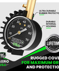 Rhino USA heavy-duty tire pressure gauge with 2-inch dial, brass hardware, braided hose, front view
