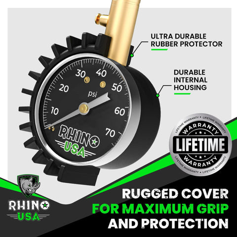 Rhino USA heavy-duty tire pressure gauge with 2-inch dial, brass hardware, braided hose, front view