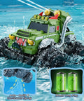 3 In 1 Amphibious RC Car Boat Water Gun With 2.4GHz Remote in water, green color, waterproof design with dual batteries shown