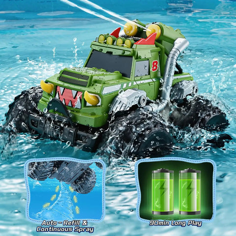 3 In 1 Amphibious RC Car Boat Water Gun With 2.4GHz Remote in water, green color, waterproof design with dual batteries shown