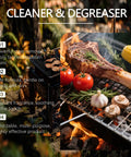 Grill with meat and vegetables over flames, showcasing Fast Acting Heavy Duty Grill Degreaser Spray for BBQ Grills, Professional Grade Stain Remover.