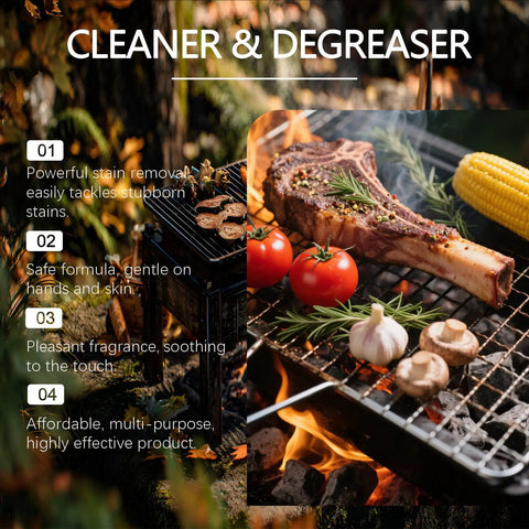 Grill with meat and vegetables over flames, showcasing Fast Acting Heavy Duty Grill Degreaser Spray for BBQ Grills, Professional Grade Stain Remover.