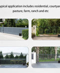 Automatic Sliding Gate Opener Kit installed on various driveway security gates in residential and rural settings.