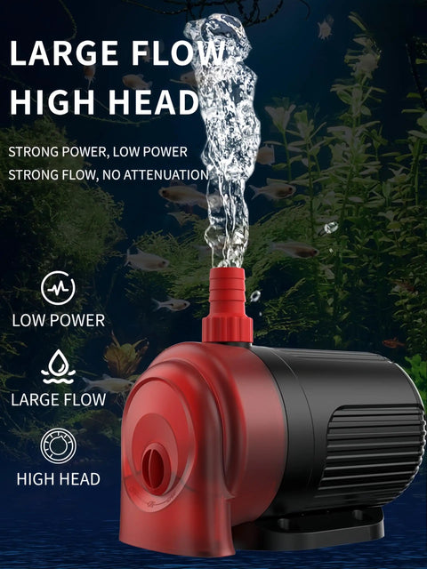 Submersible Water Pump For Aquarium Fish Tank And Hydroponics, Ultra Quiet 28dB, red and black pump, ceramic shaft, adjustable outlet