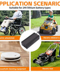 29.4V 2A Lithium Battery Charger with Five In One Universal Plug shown with electric wheelchair, toy car, robotic vacuum, mower