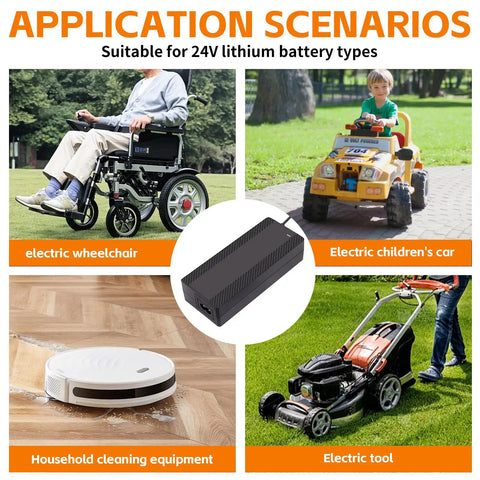 29.4V 2A Lithium Battery Charger with Five In One Universal Plug shown with electric wheelchair, toy car, robotic vacuum, mower