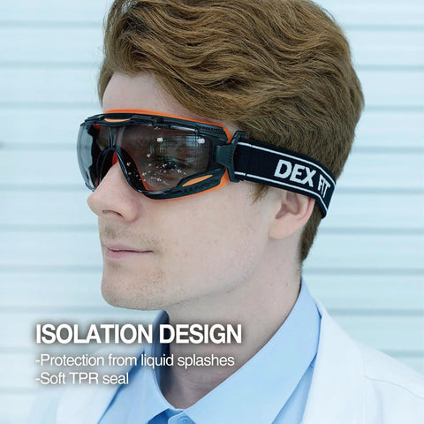Person wearing Wide Vision Lab Safety Goggles For Chemical Splash Protection, Anti Fog And Scratch Resistant Lens, black orange frame.