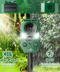 Solar Powered Ultrasonic Animal Repellent 4 Pack Waterproof Cat Deterrent With Flashing Lights And Motion Sensor For Outdoor Yard To Keep Pests Away And Keep Your Yard Pest Free From Cats Coyotes Raccoons And Deer Naturally; front view on stake
