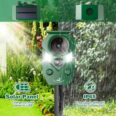 Solar Powered Ultrasonic Animal Repellent 4 Pack Waterproof Cat Deterrent With Flashing Lights And Motion Sensor For Outdoor Yard To Keep Pests Away And Keep Your Yard Pest Free From Cats Coyotes Raccoons And Deer Naturally; front view on stake