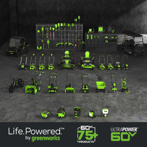 Collection of green and black outdoor power tools and equipment, including lawn mowers and utility vehicles, showcasing 60V technology.