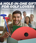 Smiling man holding Backyard Mini Golf Putting Game Set With 2 Putters And 2 Balls 10 Foot Practice Putting Green Mat for adults.