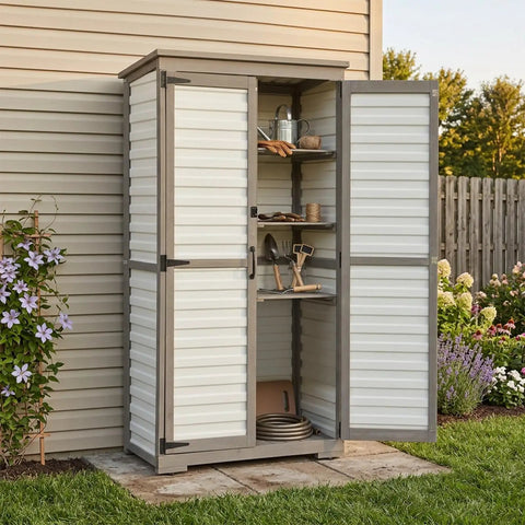 Tall Outdoor Storage Cabinet With Adjustable Shelves For Garden And Garage White Plastic And Wood Build Waterproof Roof Lockable Doors