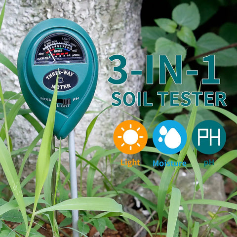 Three In One Soil Tester For Moisture Light And pH With Easy To Read Results And No Batteries Needed Perfect For Indoor And Outdoor Plants Gardens Lawns Farms And Balconies in a garden setting