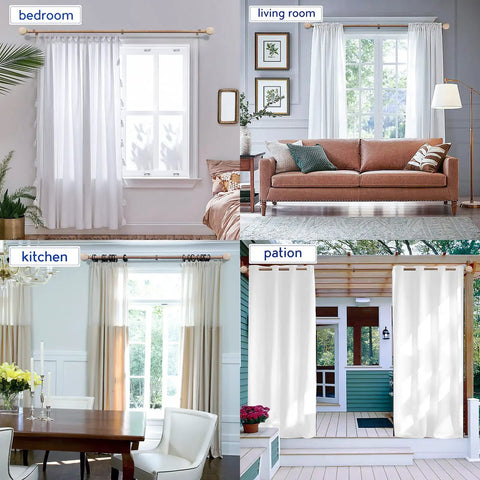 Heavy Duty Adjustable Wood Curtain Rods 1 Inch Diameter 48 to 86 Inches with Imitation Wood Grain Leaf Pattern Finials in various room setups