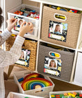 36 Pcs Composition Book Desk Name Tags With Photo Slots Self Adhesive Name Plates on storage baskets in a classroom setting