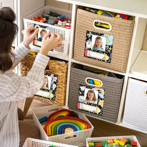 36 Pcs Composition Book Desk Name Tags With Photo Slots Self Adhesive Name Plates on storage baskets in a classroom setting
