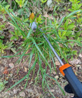 Dual Purpose 4-Teeth Weeder Tool With Rubber Handle uprooting weeds in garden, showing grip and metal construction
