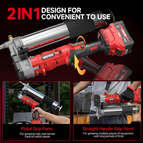 2 In 1 Cordless Electric Grease Gun Kit With 12,000 Psi, Dual Mode Pistol Or Straight, Two 4000mAh Batteries, 39.4 Inch Hose, LED Light, Built For Farmers Mechanics And Truckers, Beast For Tractors Trailers And Heavy Equipment Workhorse with dual operation modes shown.