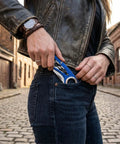 Folding Utility Knife Pocket Knife Heavy Duty Box Cutter With Aluminum Body Quick Change Blades Anti Slip Finger Loop Durable Razor Knife For Home Office And Warehouse Tackle Tough Jobs With Ease. Blue folding utility knife in jeans pocket, aluminum body