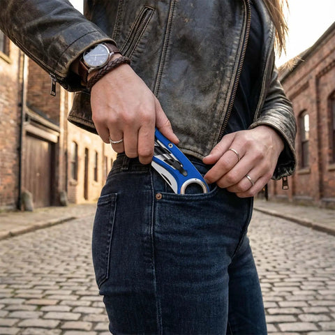 Folding Utility Knife Pocket Knife Heavy Duty Box Cutter With Aluminum Body Quick Change Blades Anti Slip Finger Loop Durable Razor Knife For Home Office And Warehouse Tackle Tough Jobs With Ease. Blue folding utility knife in jeans pocket, aluminum body