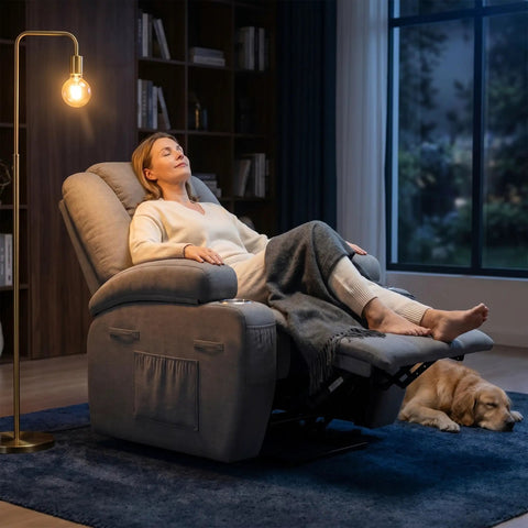 Woman relaxing in Power Lift Chair Massage Recliner for Seniors with Ergonomic Support in a cozy living room setting, gray color.