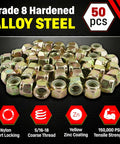 Pile of 5/16 18 Nylon Insert Lock Nuts Grade 8 Alloy Steel Nylock Hex Nuts Yellow Chromate Zinc High Strength 50 Pack