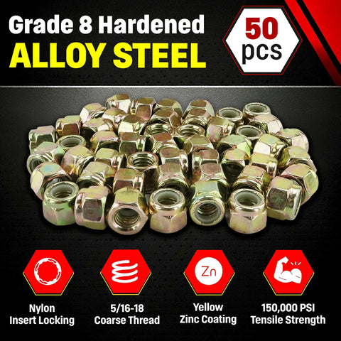 Pile of 5/16 18 Nylon Insert Lock Nuts Grade 8 Alloy Steel Nylock Hex Nuts Yellow Chromate Zinc High Strength 50 Pack