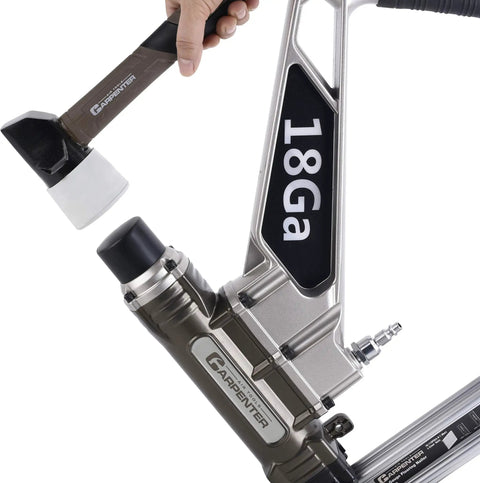 Built Tough Air Powered 18 Gauge L Cleat Flooring Nailer with durable rubber mallet for hardwood installations.