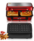 3-In-1 Sandwich And Waffle Maker With Removable Nonstick Plates, 1200W Panini Press, interchangeable plates, red appliance