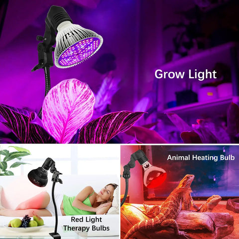 Heavy Duty Clamp Light Socket With Gooseneck For E26 E27 Bases shown with grow light and red light therapy applications