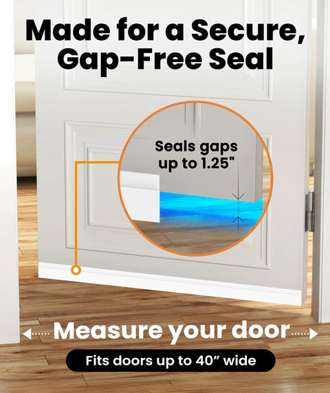 Heavy Duty Door Draft Stopper Seal 2 Pack DIY Door Sweep showing gap-free seal for doors up to 40" wide and sealing gaps up to 1.25".