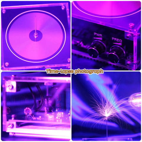 Close-up of Bluetooth Music Tesla Coil Arc Plasma Loudspeaker Desktop Experiment Toy Model SSTC SS02 with purple arc effect