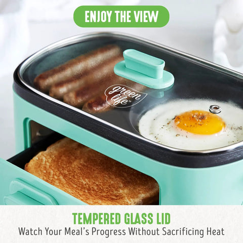 3 In 1 Breakfast Station With Ceramic Nonstick Dual Griddles For Eggs Sausage Bacon Pancakes And Breakfast Sandwiches, 2 Slice Toast Drawer And Easy Timer Turquoise Kitchen Appliance with tempered glass lid showing eggs and toast
