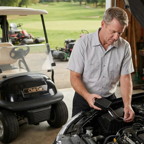 Mechanic installing Drop In Rpm Rev Limiter Fits Club Car Ds And Precedent Gas Golf Carts 1997 Up with Fe290 Fe350 Kawasaki Motor.