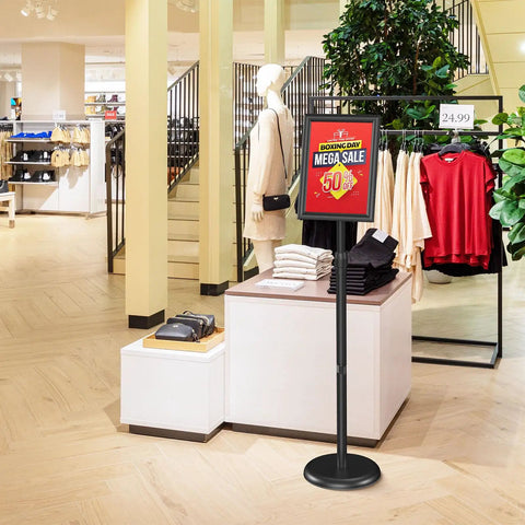 Sign Holder Floor Stand 8.5x11 Inch With Adjustable Height And Tilt Heavy Duty Base Snap Open Frame Display in clothing store