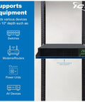 Top Shelf 2U Cantilever Rack Shelf Pair For 19 Inch Server Racks Built Different With Ventilating Steel Tray Holds Up To 50 Pounds, showing equipment supported.