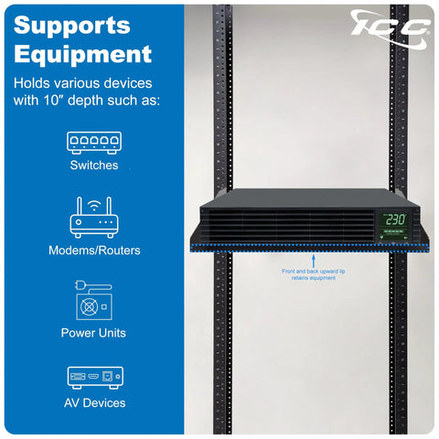 Top Shelf 2U Cantilever Rack Shelf Pair For 19 Inch Server Racks Built Different With Ventilating Steel Tray Holds Up To 50 Pounds, showing equipment supported.