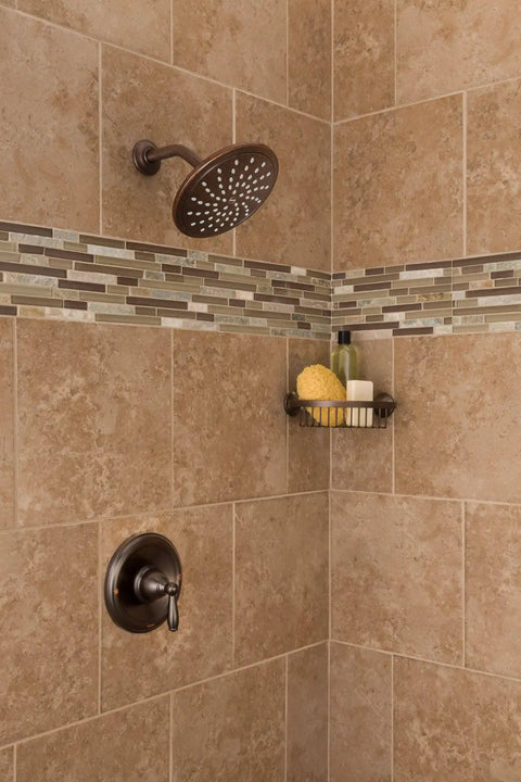 Brantford Oil Rubbed Bronze Shower Trim Kit with Eco Performance Wide Rain Shower Head and Traditional Lever Handle in bathroom